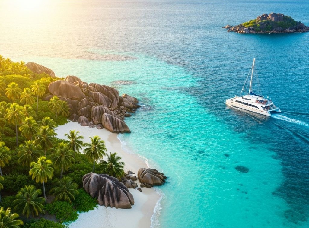 Seychelles tropical coastline with turquoise waters